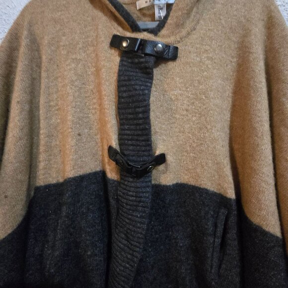 Max Studio Womens Wool/Cashmere Hooded Poncho With Toggle Closure Tan & Dark Gra - Picture 2 of 8